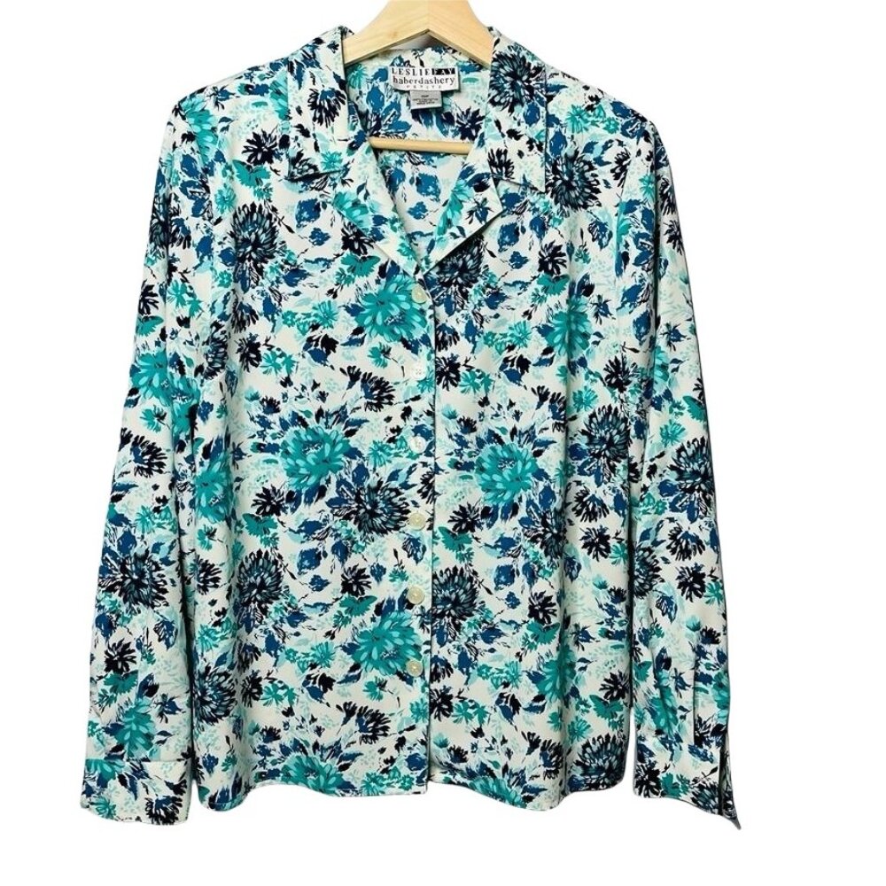 Vintage Womens Floral Dress Blouse Leslie Fay Blue White Top Shirt Size P 10 u